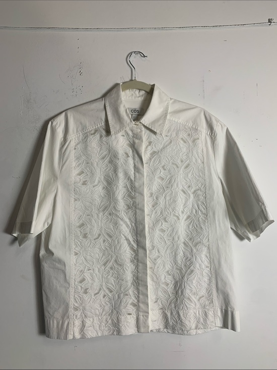 COS Tops - COS White Short-Sleeve Button-Down Shirt with Tonal Embroidery